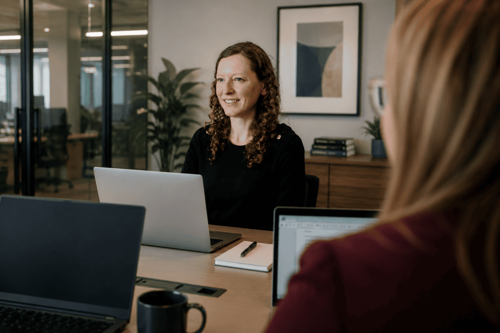woman sat at laptop opposite colleagues