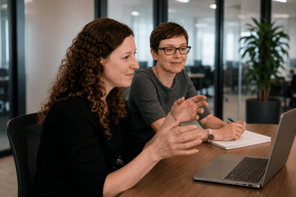 Photo of two individuals sat next to each other at an office desk