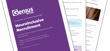 Preview of the Genius Within Neuroinclusive Recruitment guide, showing the purple front cover and sample pages from the free downloadable resource.