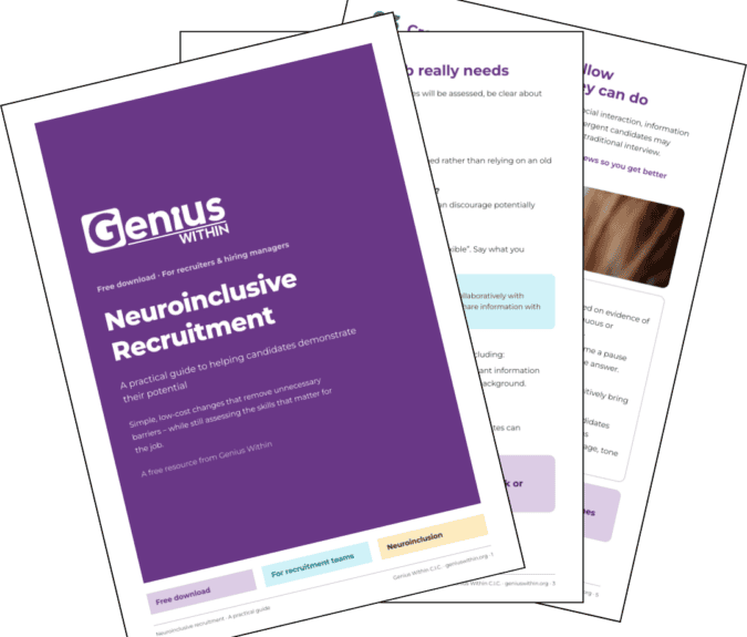 Preview of the Genius Within Neuroinclusive Recruitment guide, showing the purple front cover and sample pages from the free downloadable resource.