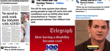 overlaid headlines from UK newspapers all with negative messaging about ADHD