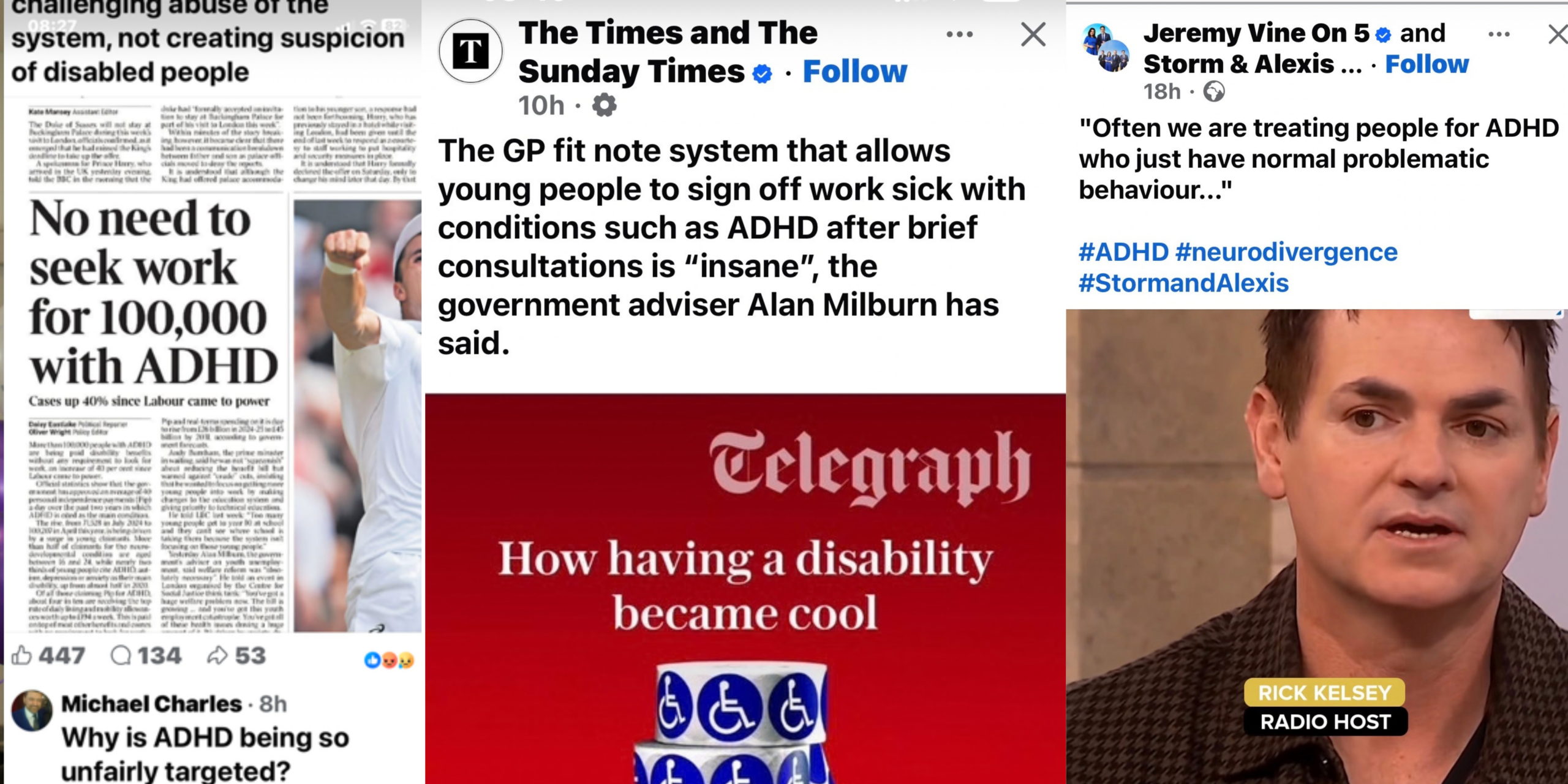 overlaid headlines from UK newspapers all with negative messaging about ADHD